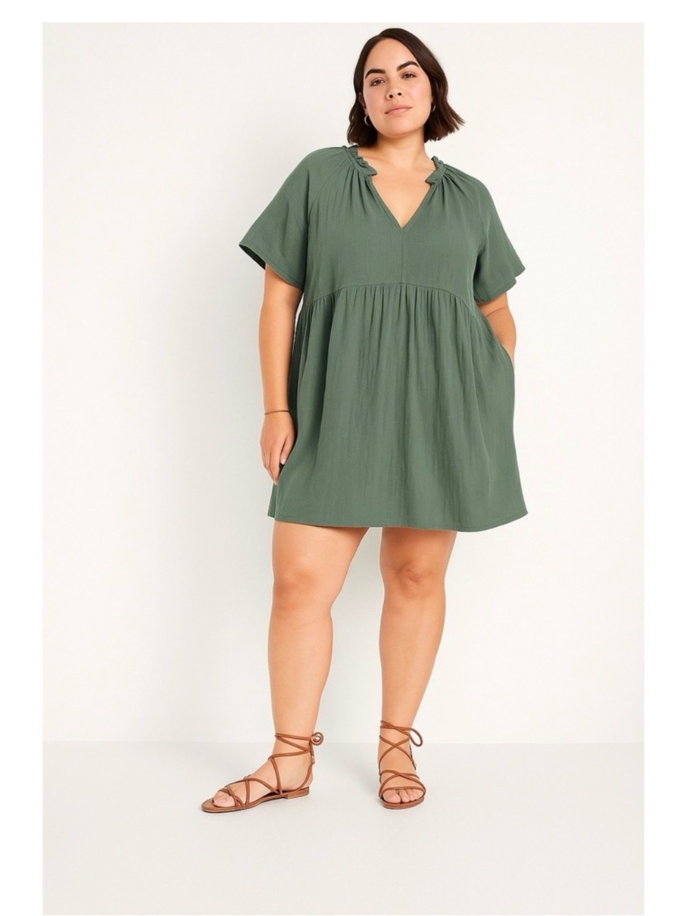 Old Navy Olive Green V-Neck Babydoll Mini Dress